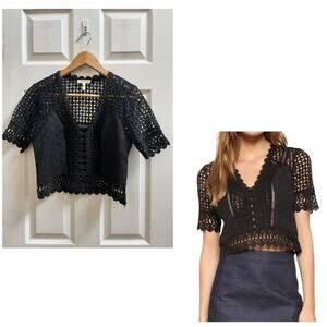 Rebecca Taylor Black Romantic Crochet Lace V Neck Crop Top Size 2 Small